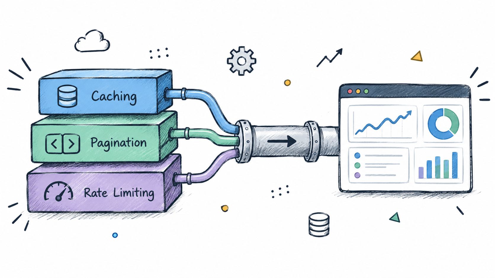 A conceptual diagram showing Caching, Pagination, and Rate Limiting feeding data into a dashboard analytics interface.