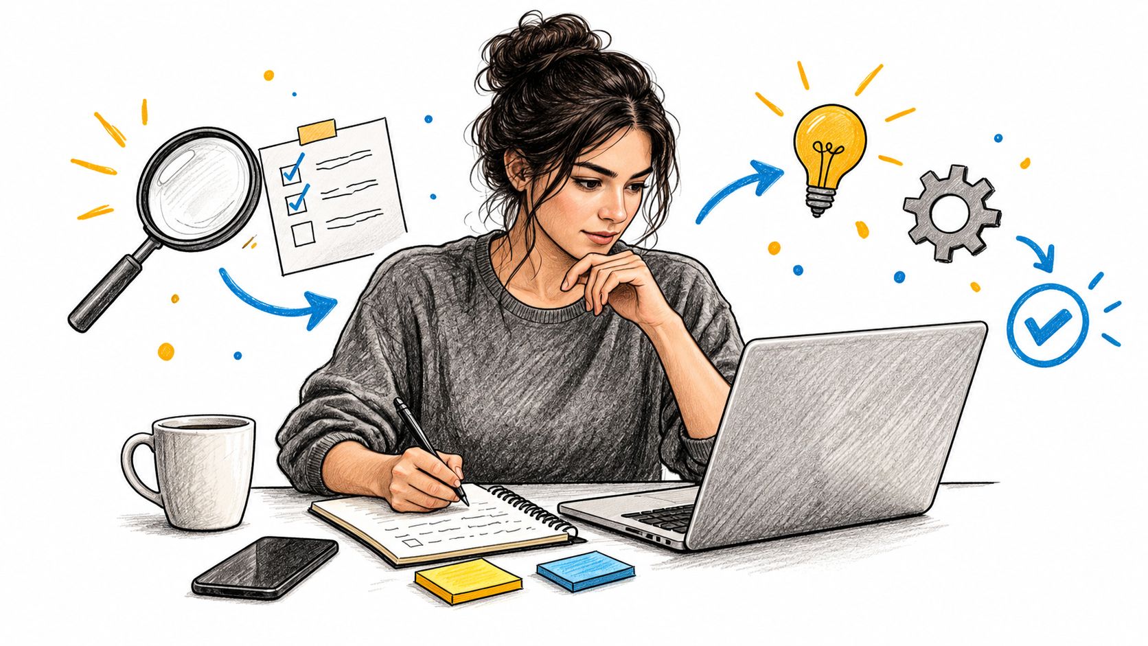 A woman working on a laptop at a desk with a checklist, lightbulb, and magnifying glass icon.