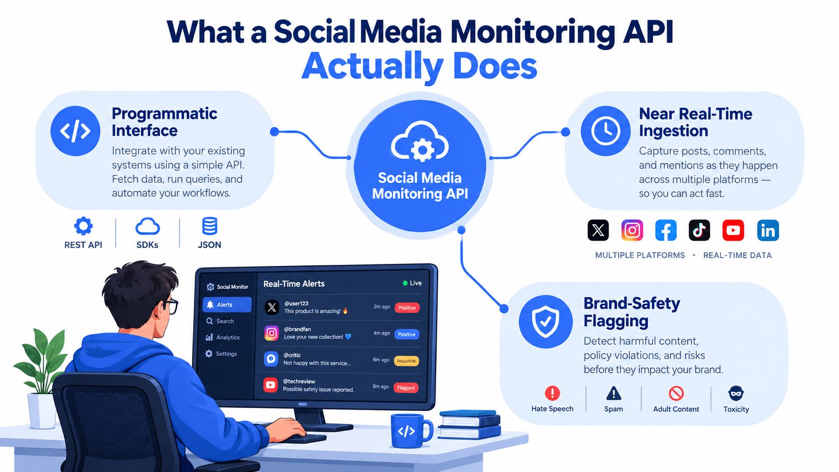 An illustration showing how a social media monitoring API integrates, ingests real-time data, and flags brand-safety issues.