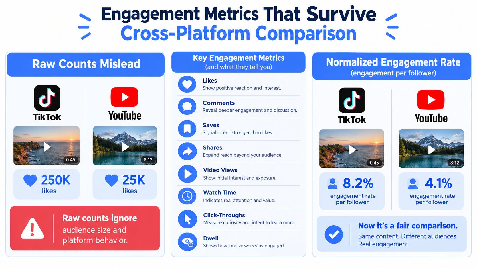 An infographic showing how to compare social media engagement metrics across different platforms fairly using normalized rates.