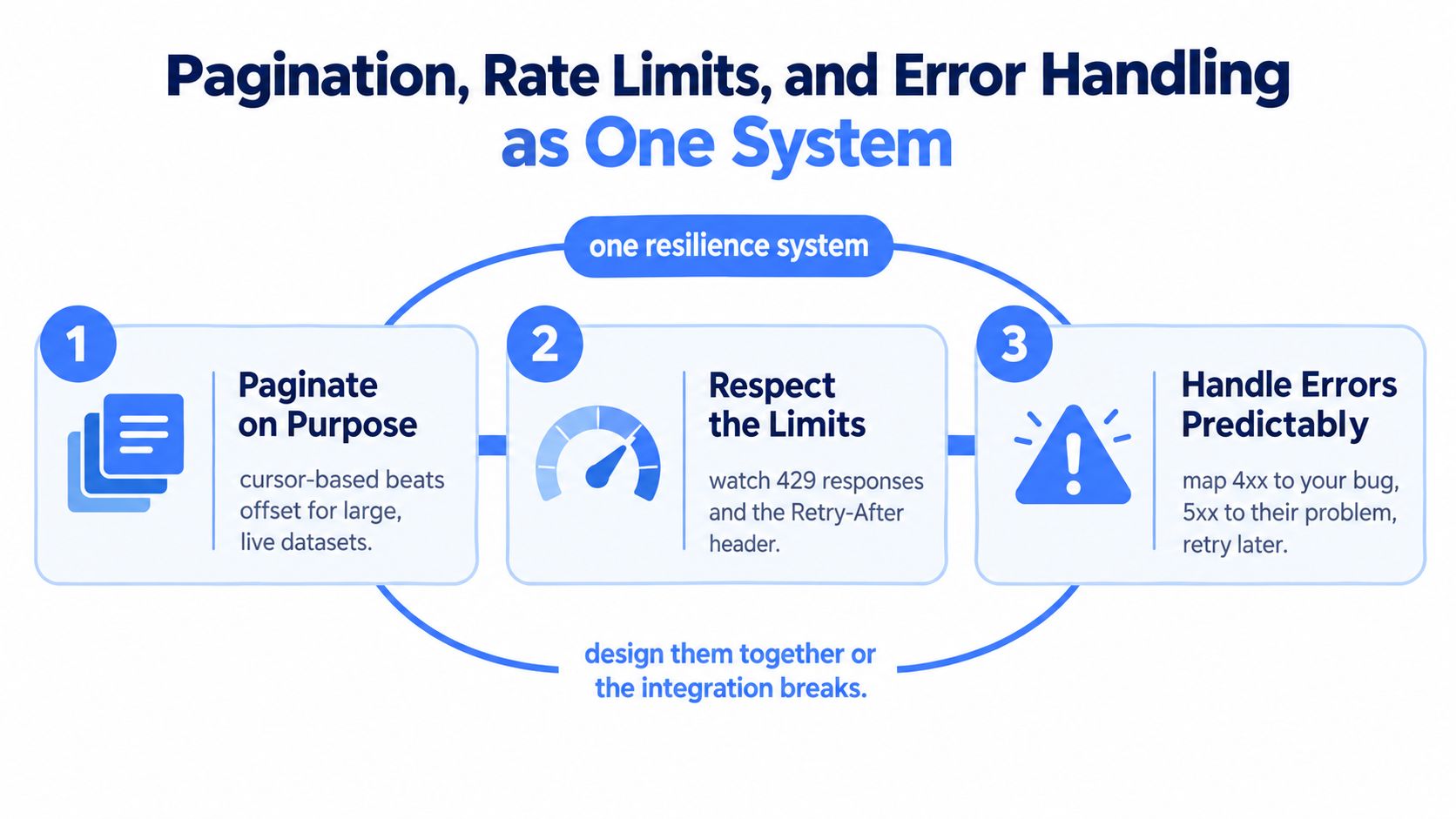 A diagram illustrating the three pillars of a resilient API integration system: pagination, rate limits, and error handling.