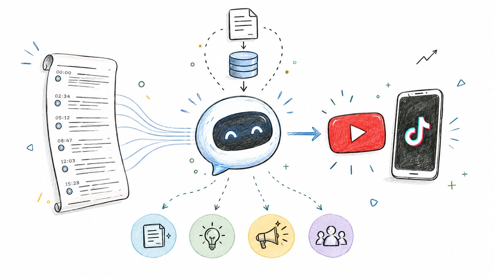 A hand-drawn illustration showing an AI tool processing long-form video content into summaries and social media posts.