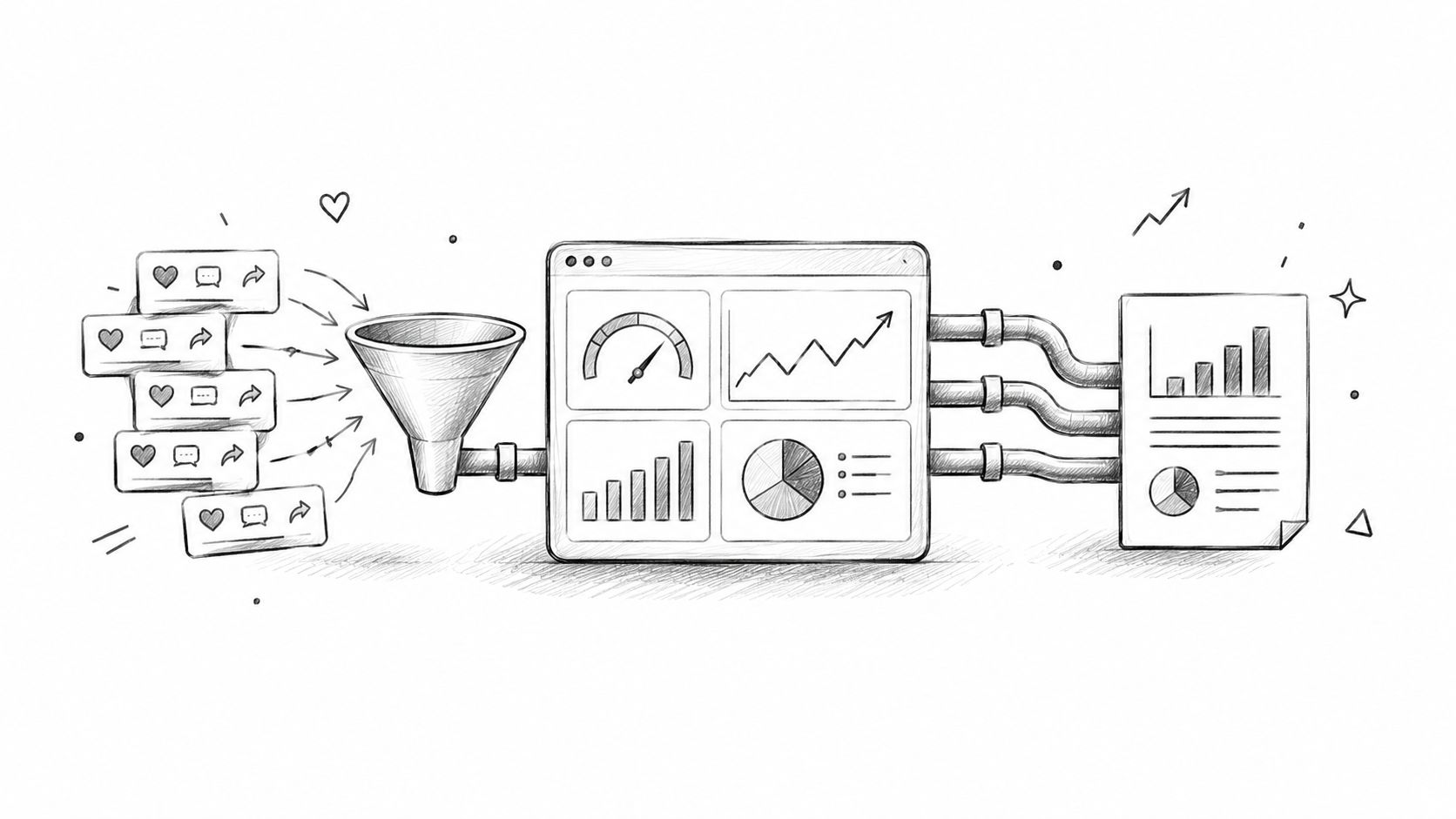 A hand-drawn sketch illustration showing social media engagement data moving through a funnel into analytics dashboards.