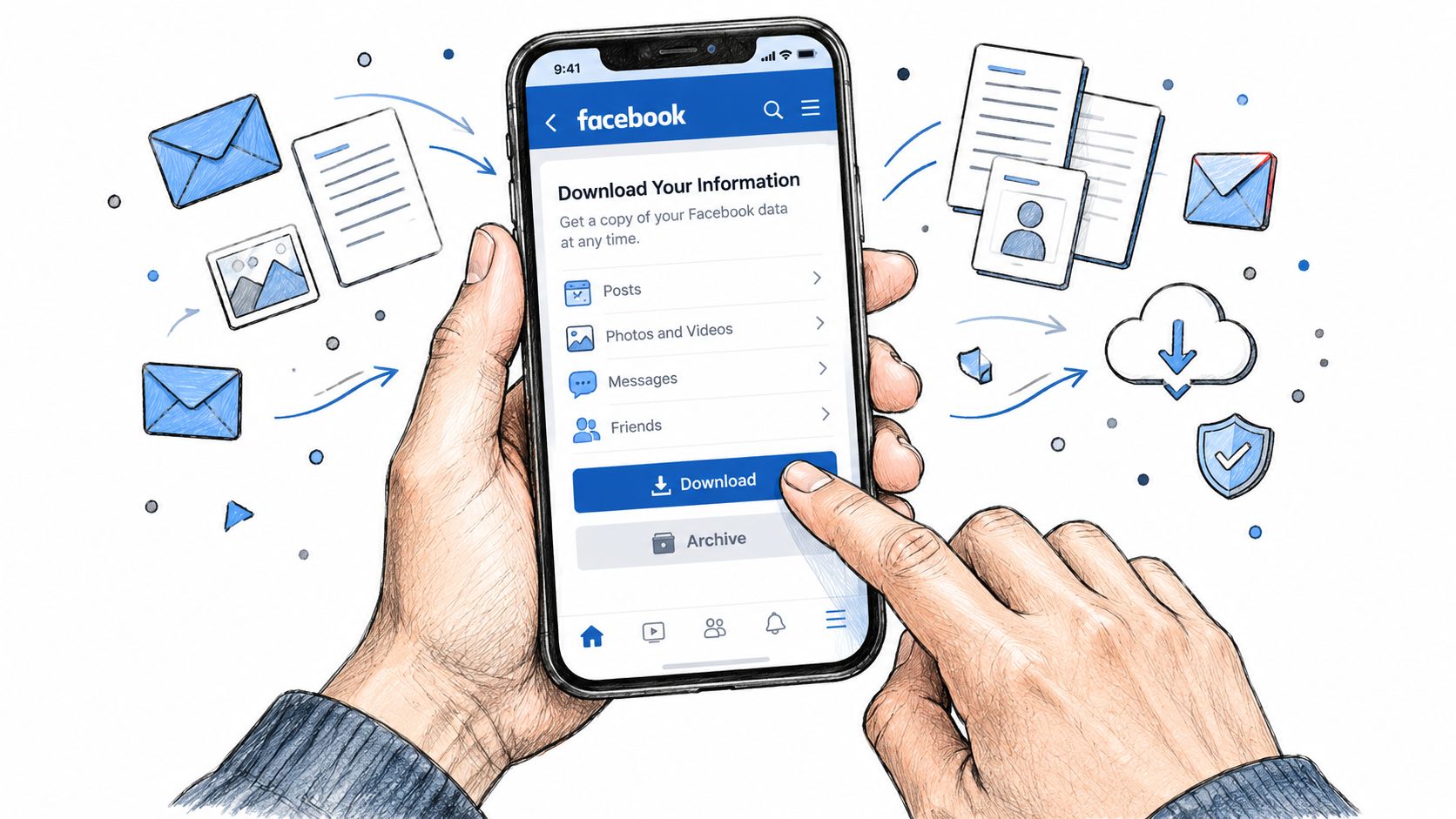 A person using a smartphone to download their personal Facebook data via the mobile application interface.