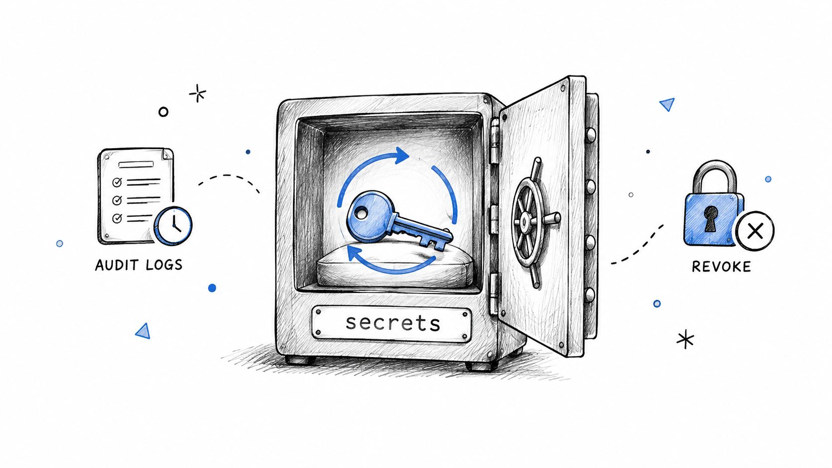 A hand-drawn illustration depicting a vault containing a key, audit logs, and a revoke icon for security.