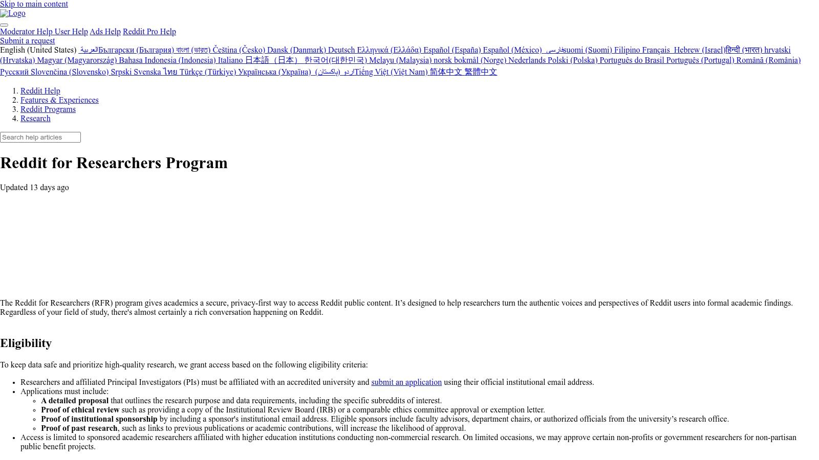 Reddit for Researchers Program