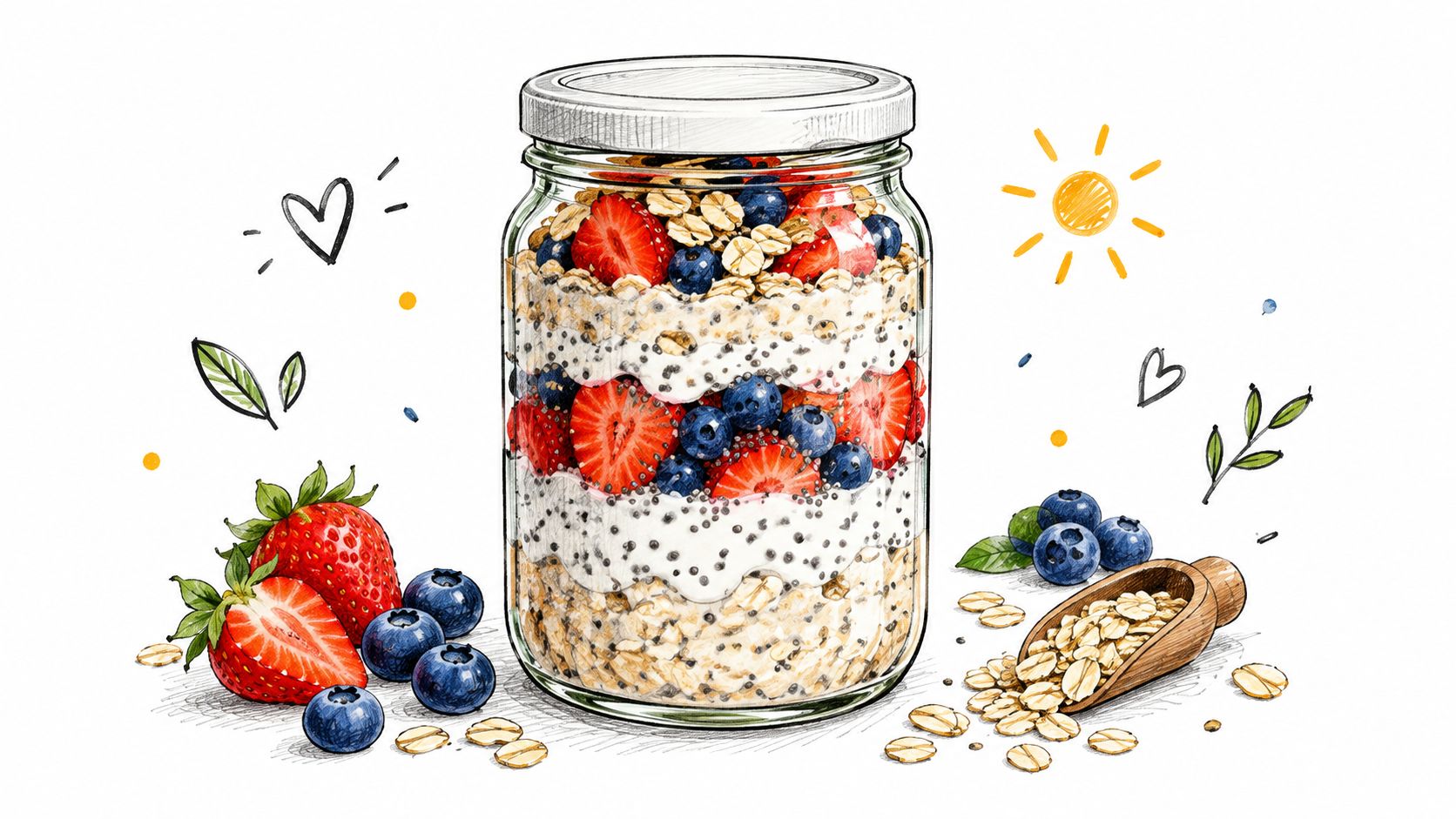 A hand-drawn illustration of overnight oats in a glass jar with fresh strawberries, blueberries, and oats.