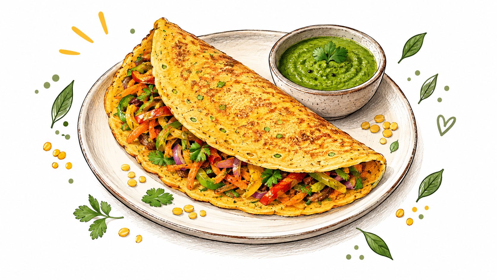 A healthy vegetable-filled omelet served on a plate with a side of green chutney dip.