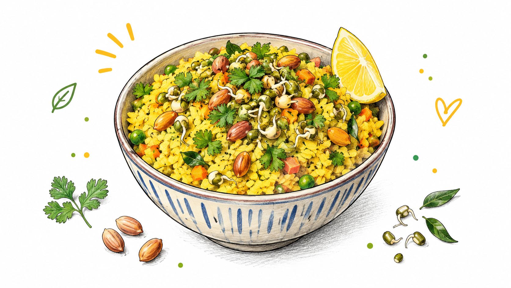 A hand-drawn illustration of a nutritious bowl of Indian-style poha breakfast topped with sprouts and peanuts.