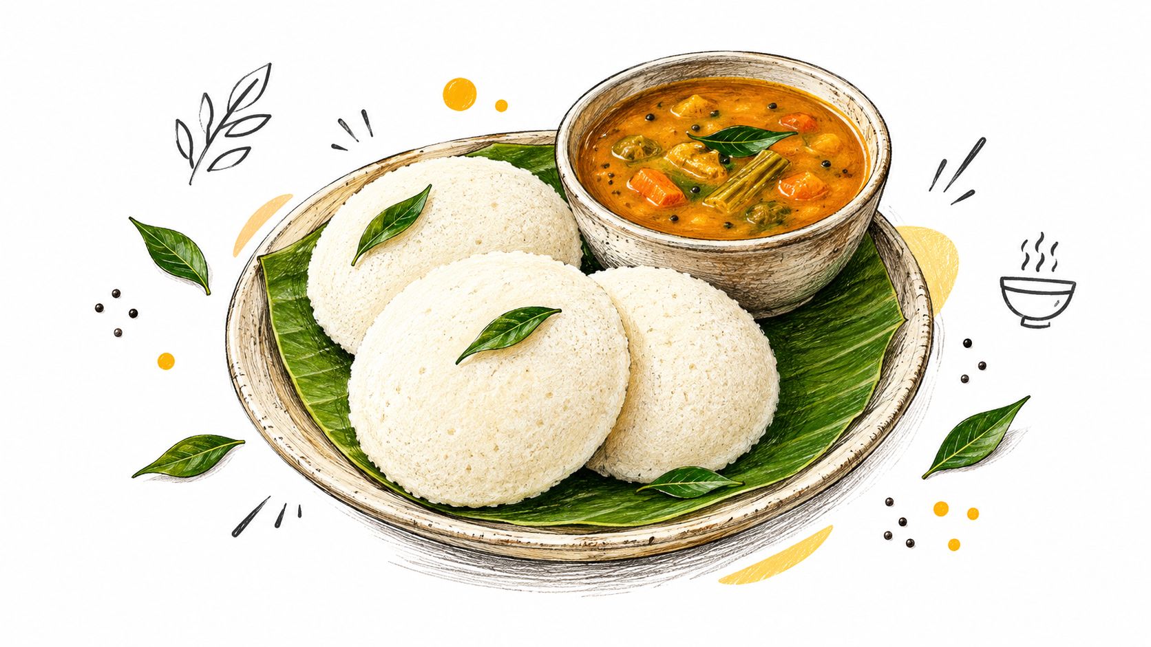 A healthy south Indian breakfast of three steamed idli cakes served with vegetable sambar on a banana leaf.