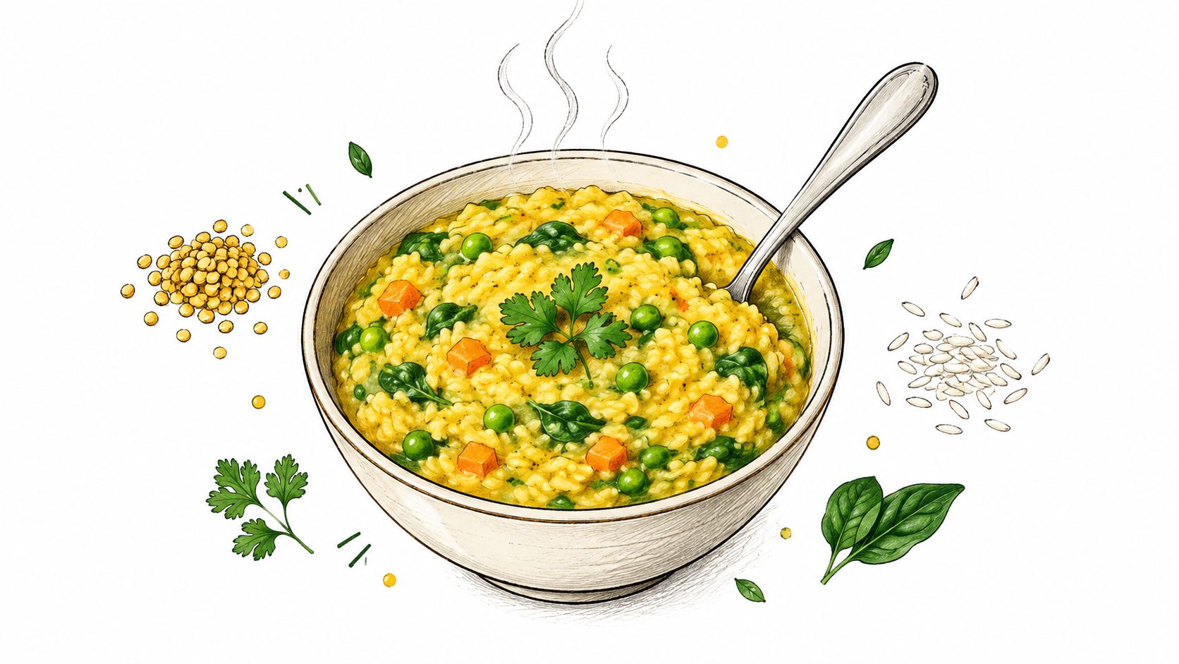 A steaming bowl of healthy vegetable khichdi served with fresh cilantro and scattered grains on white background.