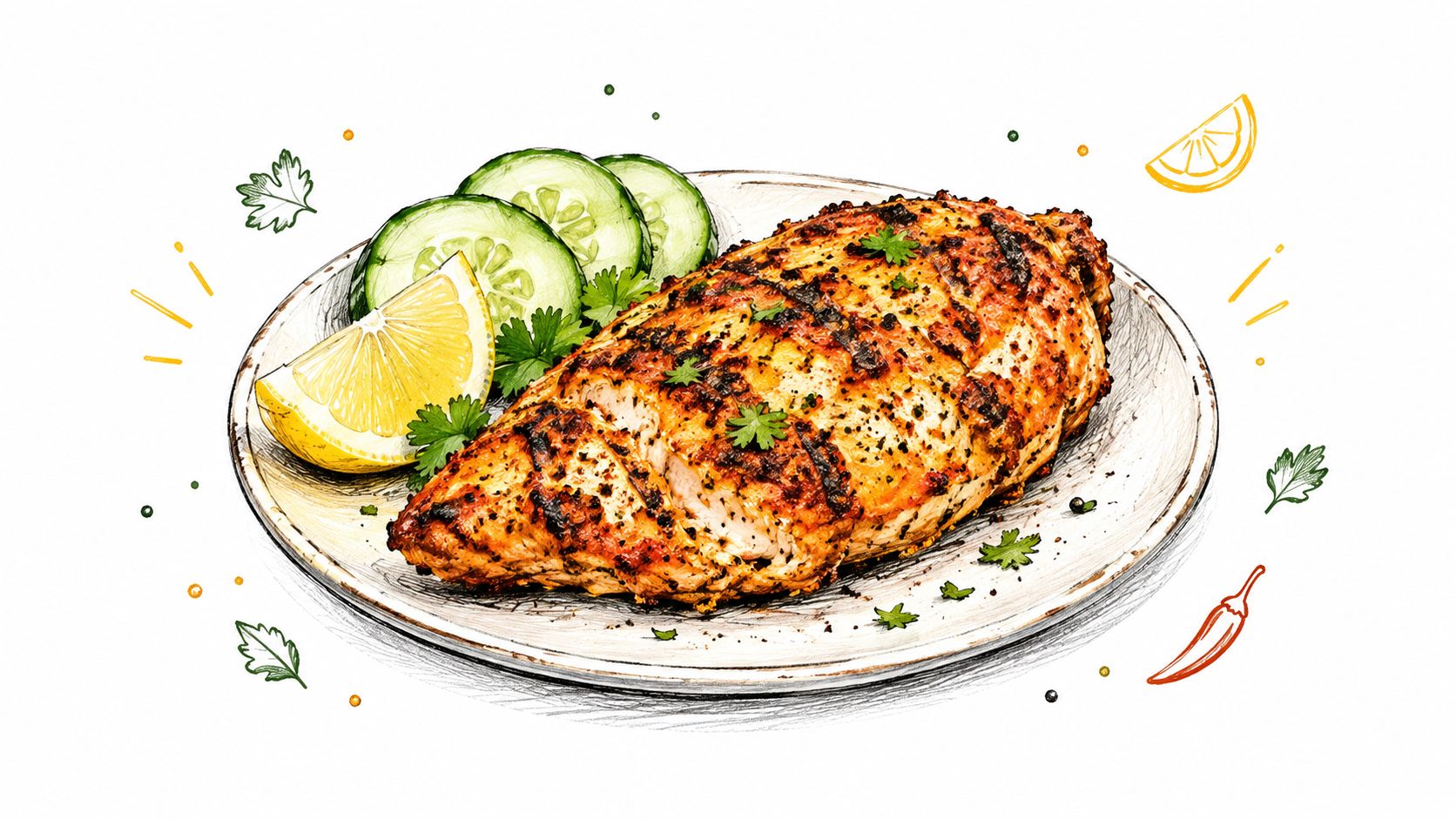 A grilled chicken breast with cucumber slices, lemon wedge, and herbs served on a decorative plate.