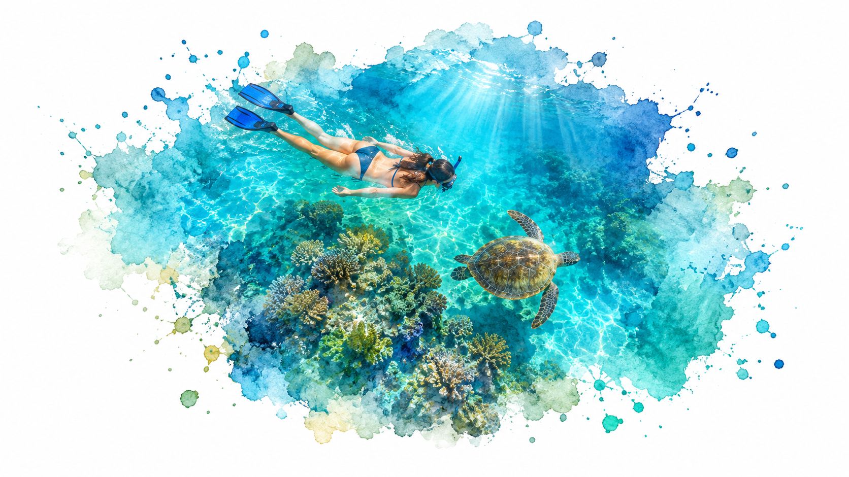 A woman snorkeling above a vibrant coral reef alongside a large sea turtle in clear water.