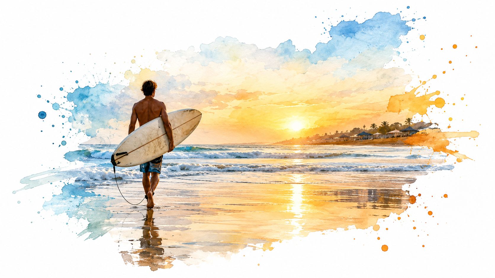 A shirtless surfer walking with a surfboard along a sandy beach at sunset in Lombok.