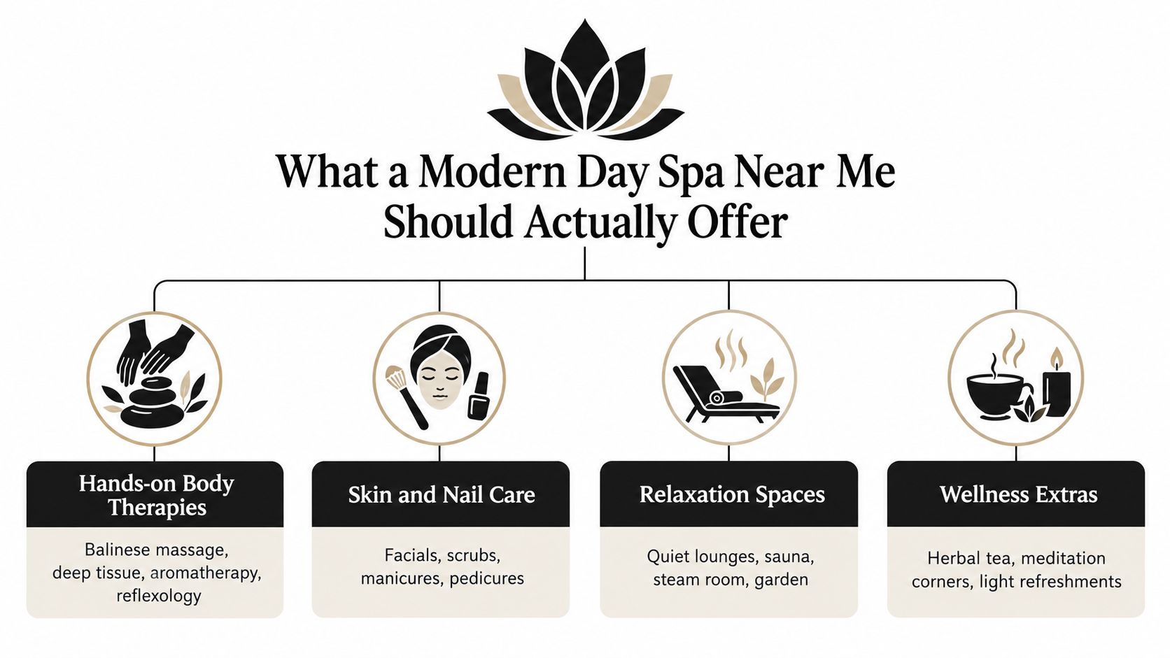 A diagram outlining the essential services and amenities a modern day spa should offer to its clients.