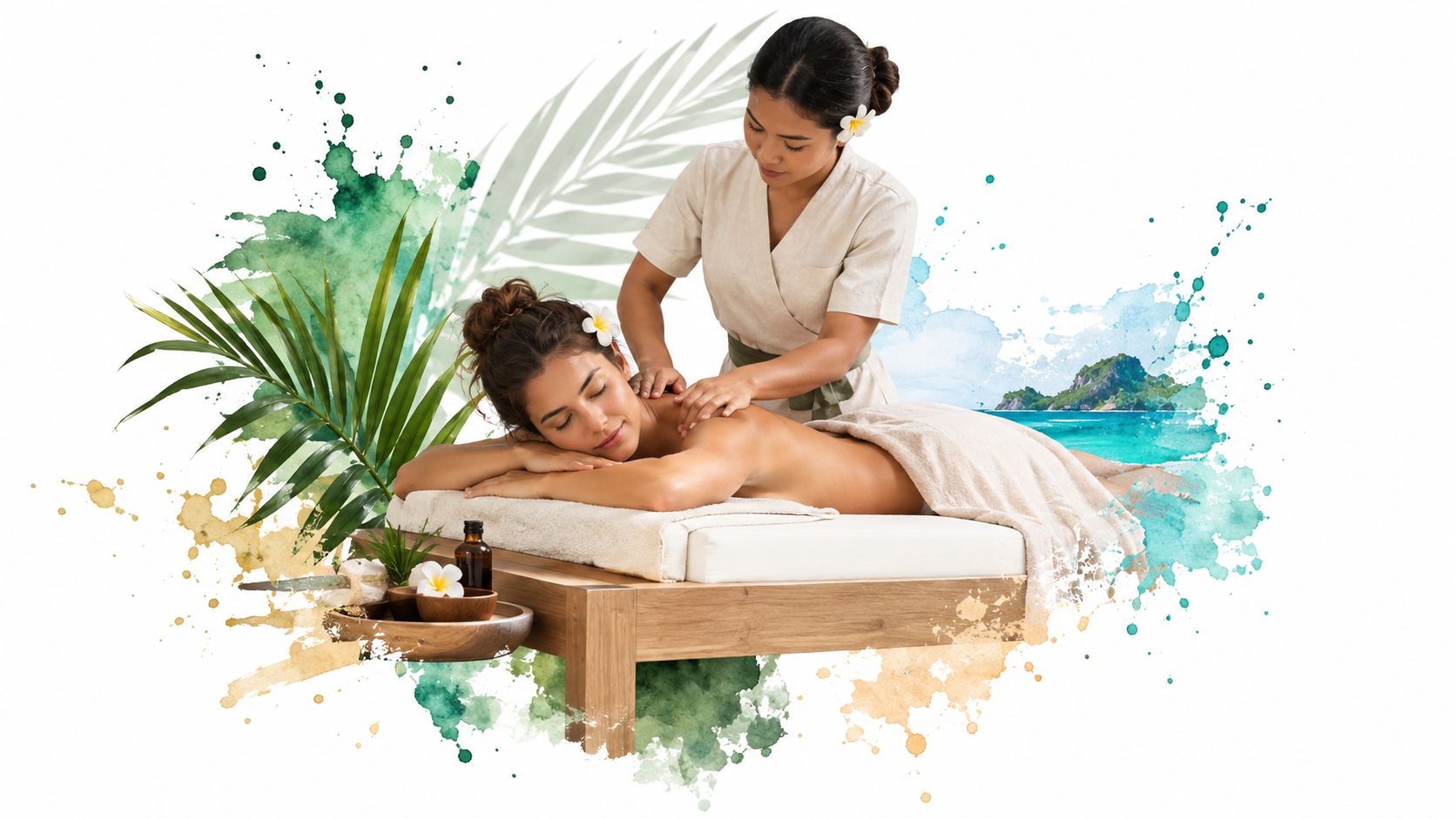 A professional massage therapist giving a relaxing full body deep tissue massage to a woman at a spa.