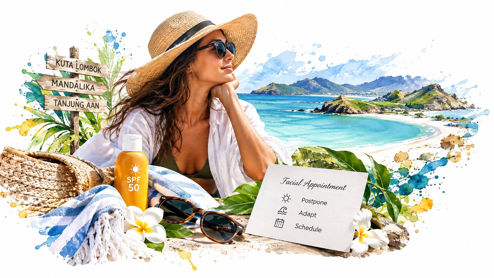 A woman wearing a hat and sunglasses relaxing at a beach, with a facial appointment reminder note.