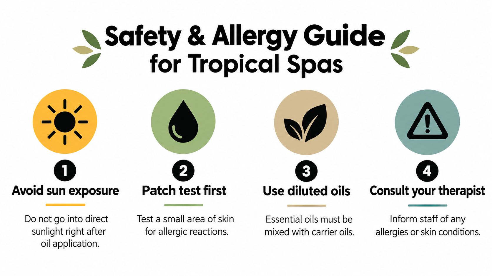 A safety and allergy guide infographic for tropical spa treatments featuring four essential precautions for massage clients.