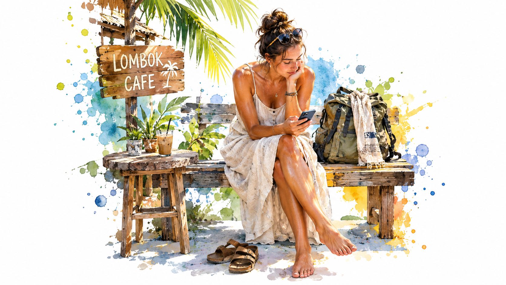 A woman with a messy bun sitting on a rustic bench looking at her smartphone in Lombok.