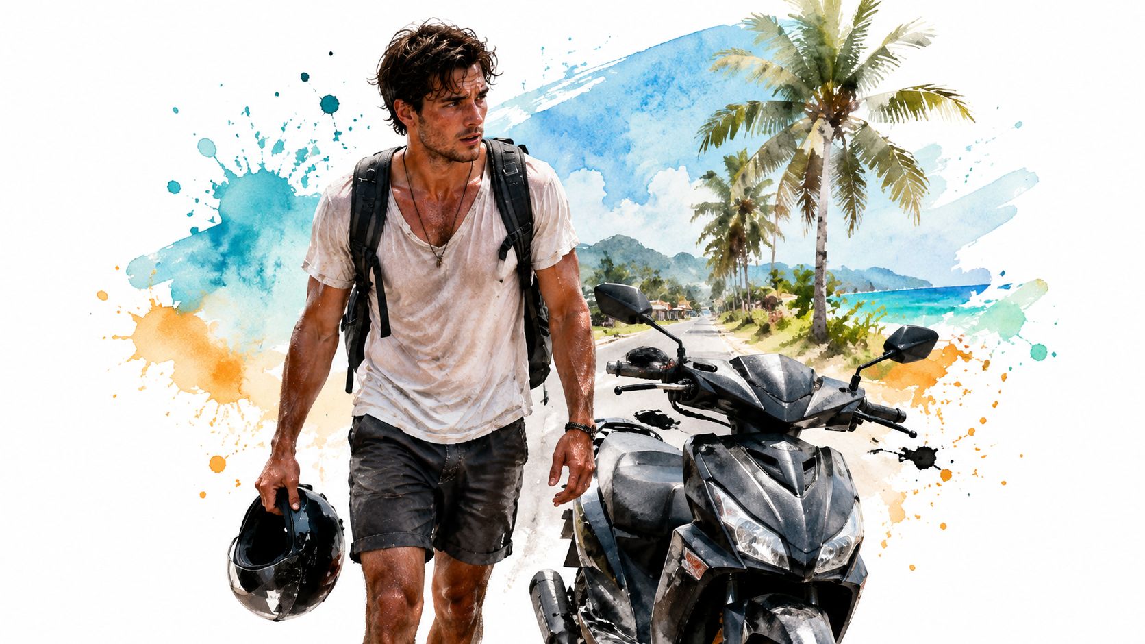 A sweaty young man holding a motorcycle helmet walking next to his scooter on a tropical road.