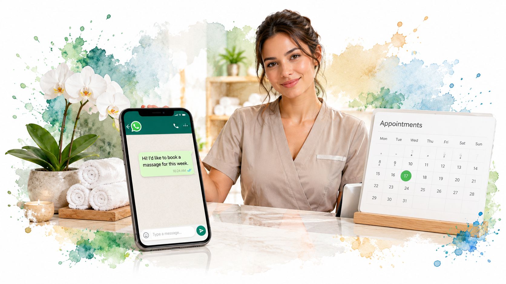 A friendly receptionist at a day spa showcasing a digital calendar appointment and a mobile booking message.