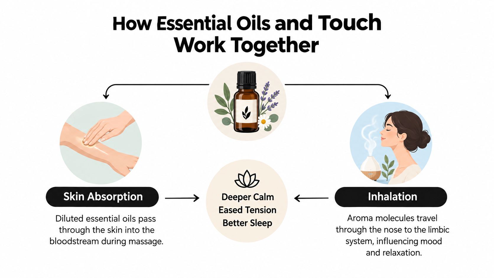 A diagram illustrating how aromatherapy massage works through skin absorption and inhalation for relaxation and sleep benefits.