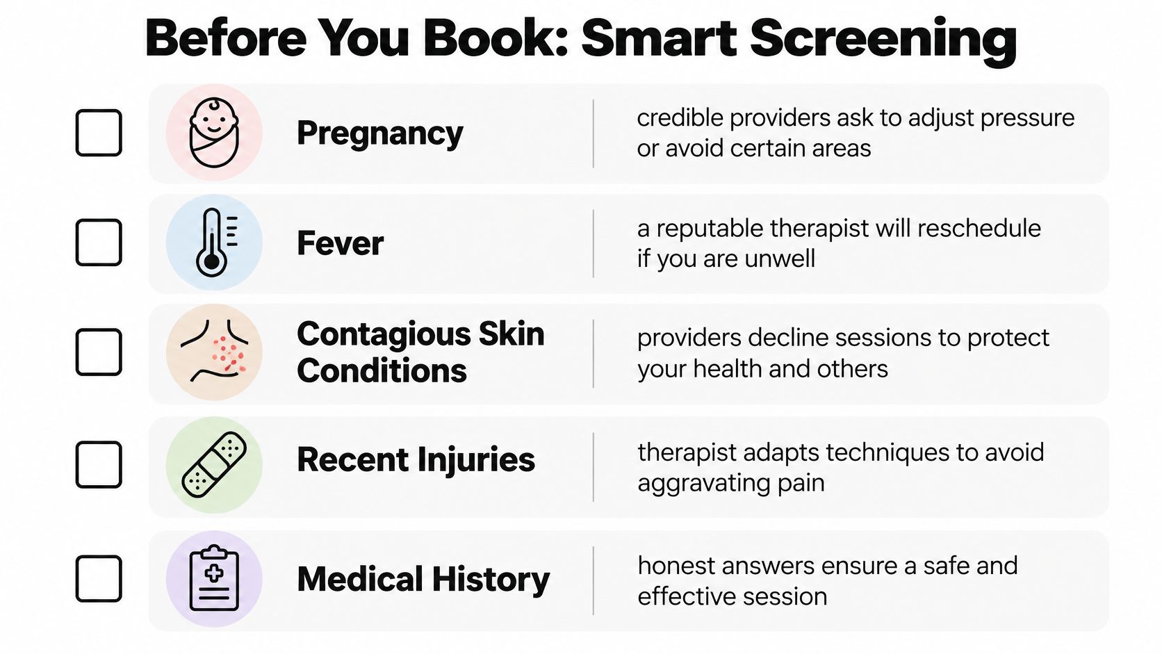 A checklist infographic titled Before You Book: Smart Screening, highlighting five health conditions for massage therapy safety.