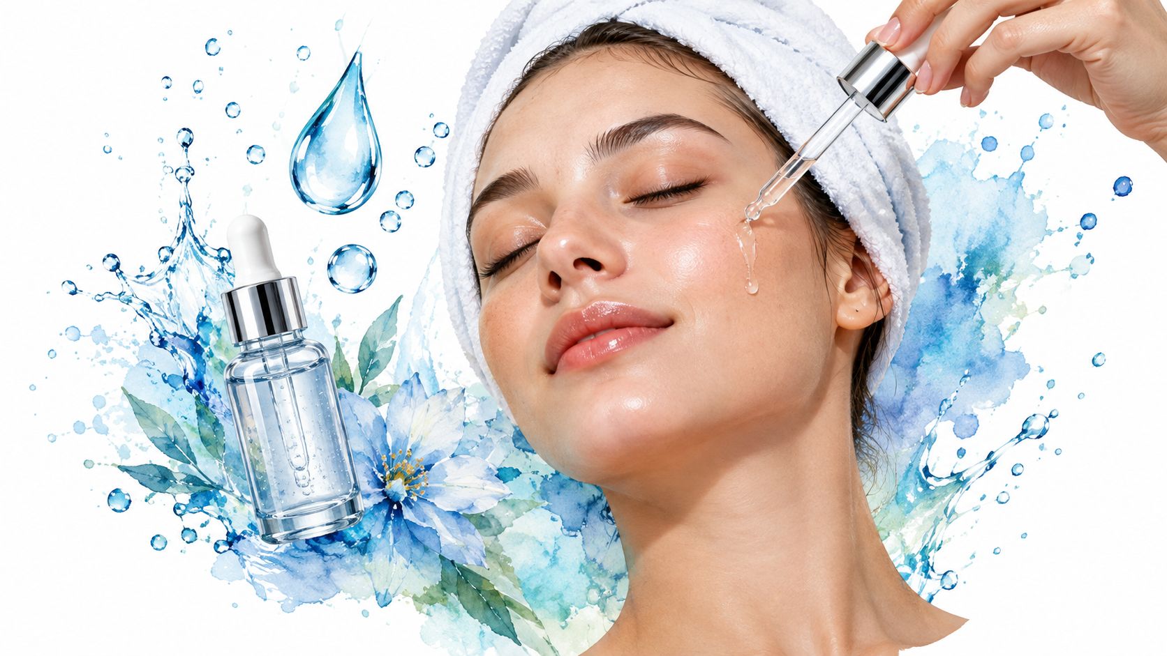 A woman with a towel on her head applying hydrating serum to her face for skin care.