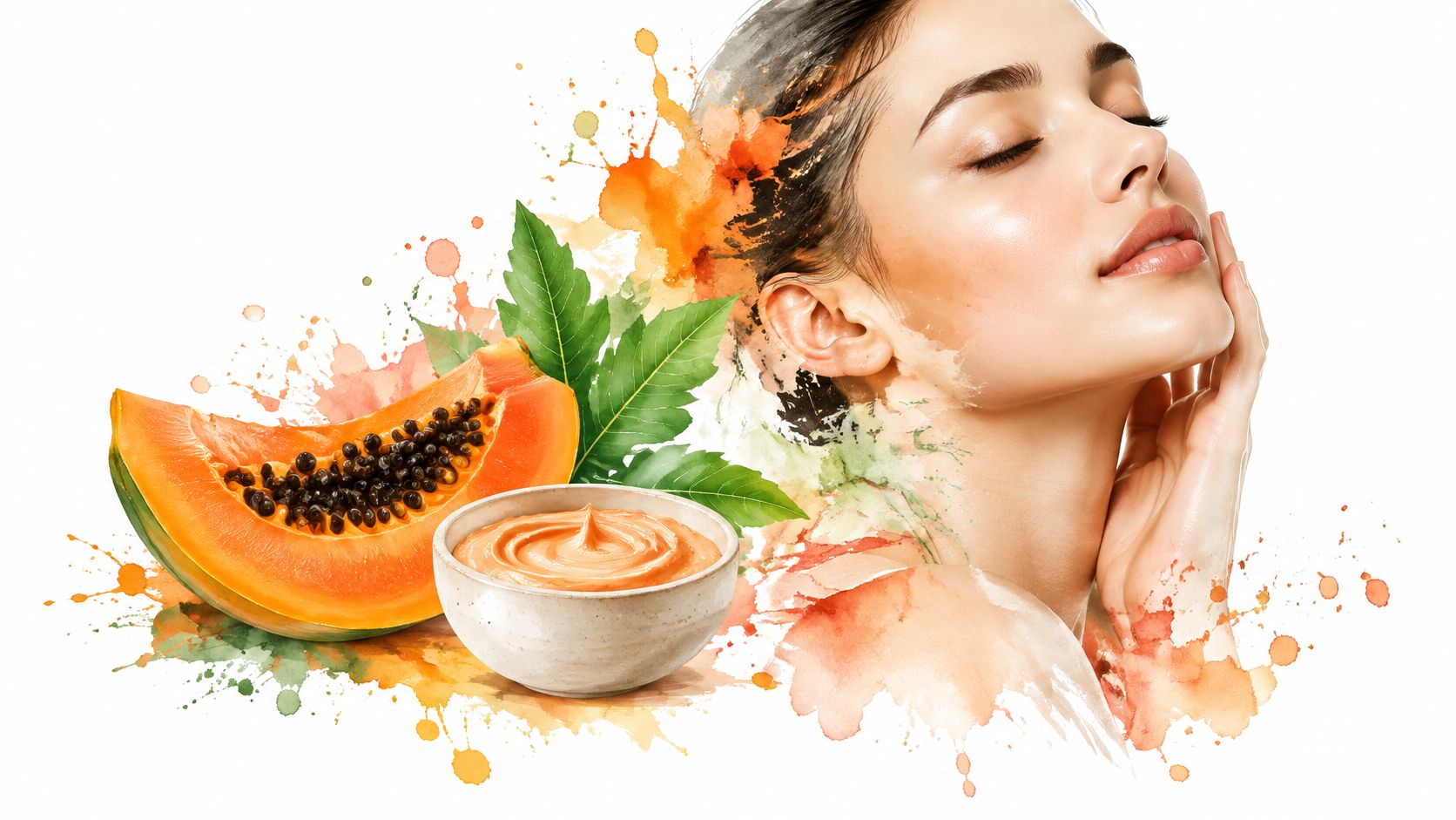 A woman with glowing skin beside a fresh papaya slice and a bowl of papaya face mask.