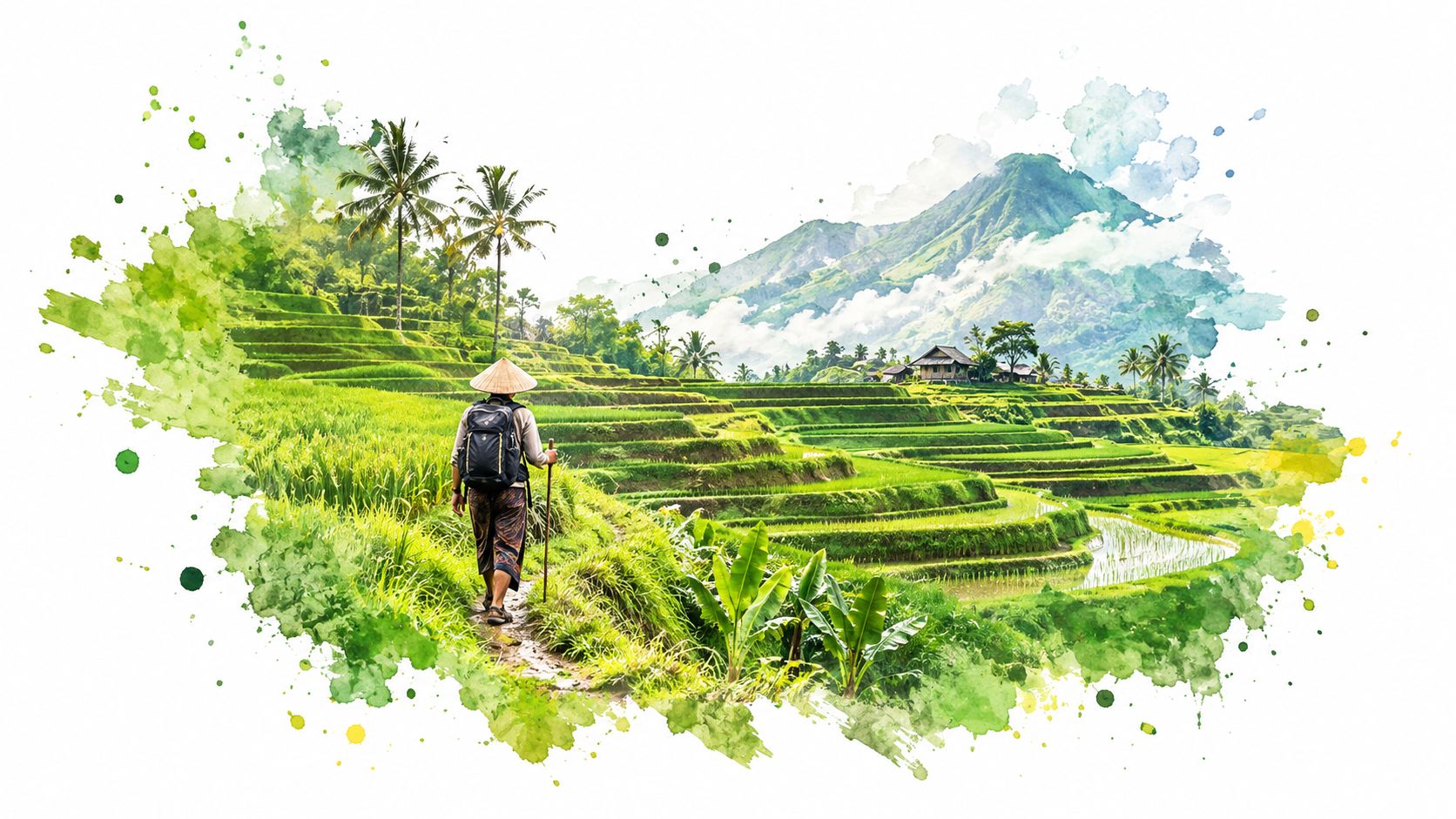 A traveler walking through lush green rice terraces in Lombok with mountains in the background