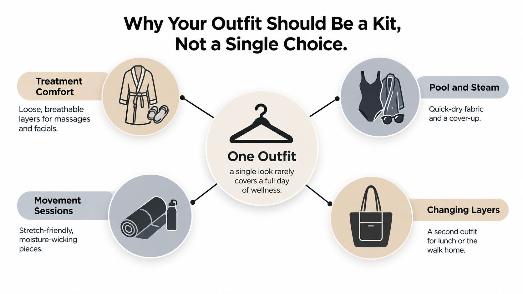 A visual guide explaining why it is better to pack an outfit kit for a spa day.
