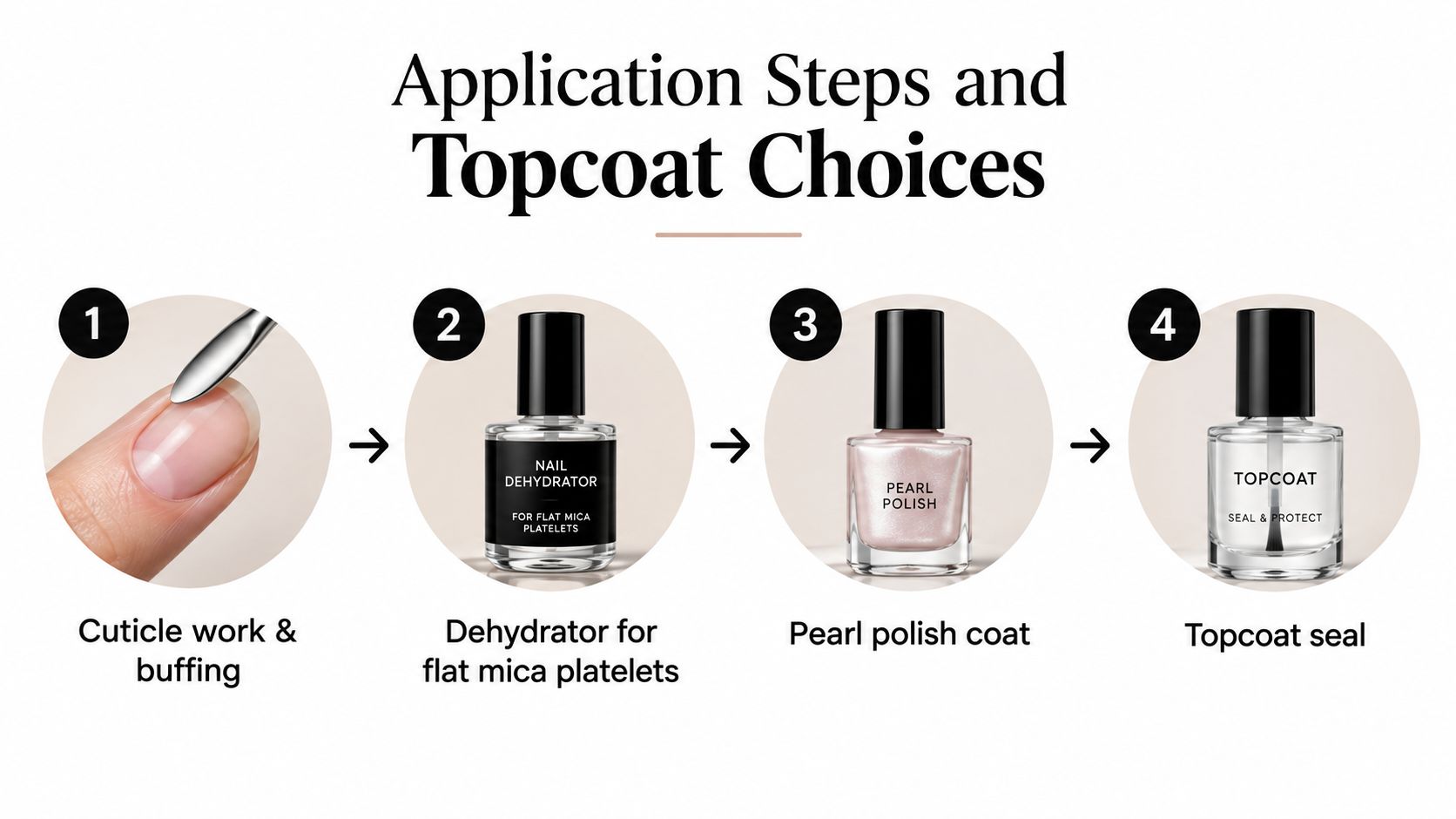 A four-step tutorial infographic for applying a pearl finish nail polish to create a professional manicure.