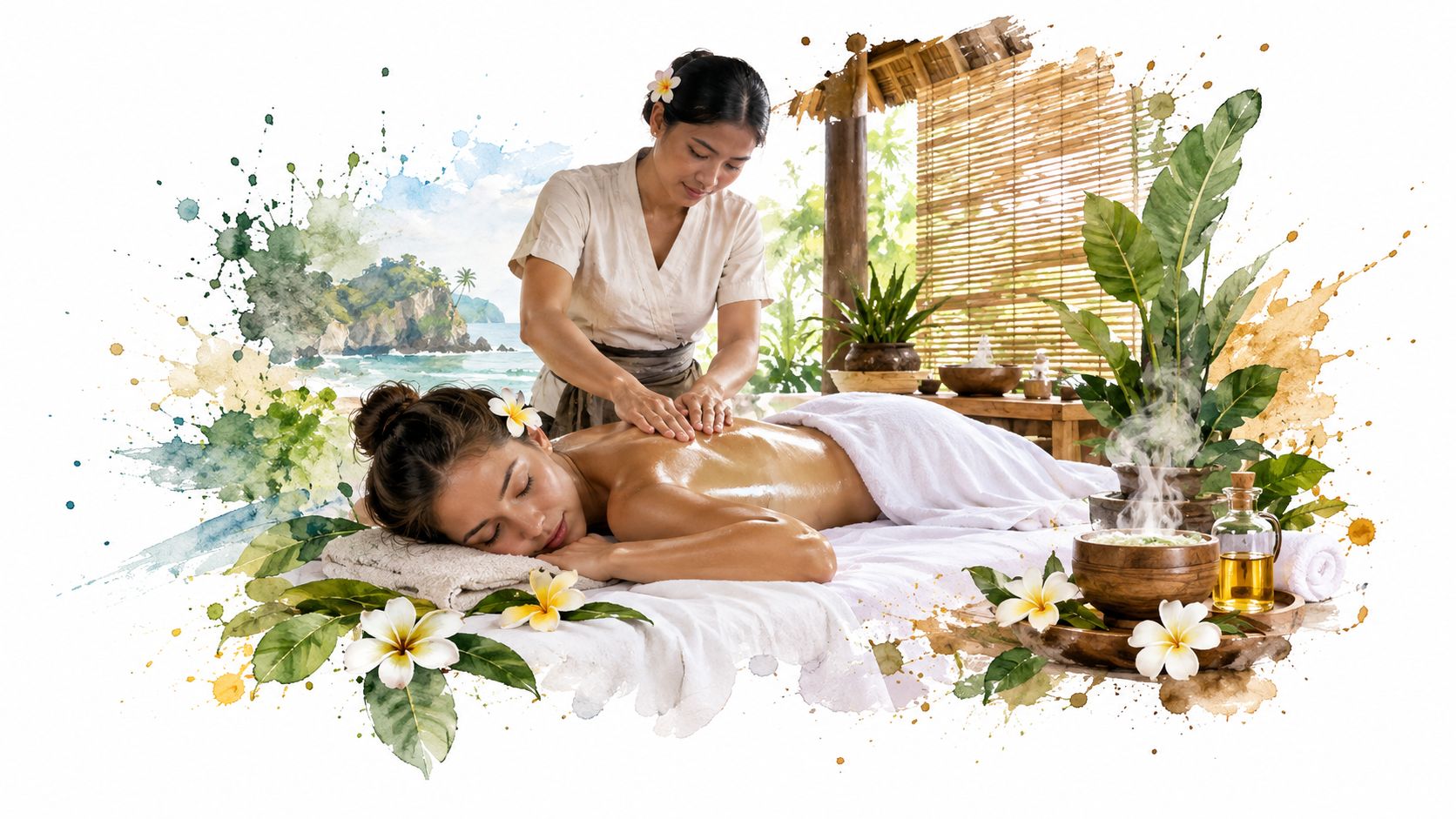 A professional therapist provides a relaxing aromatherapy massage to a woman in a tranquil tropical spa setting.
