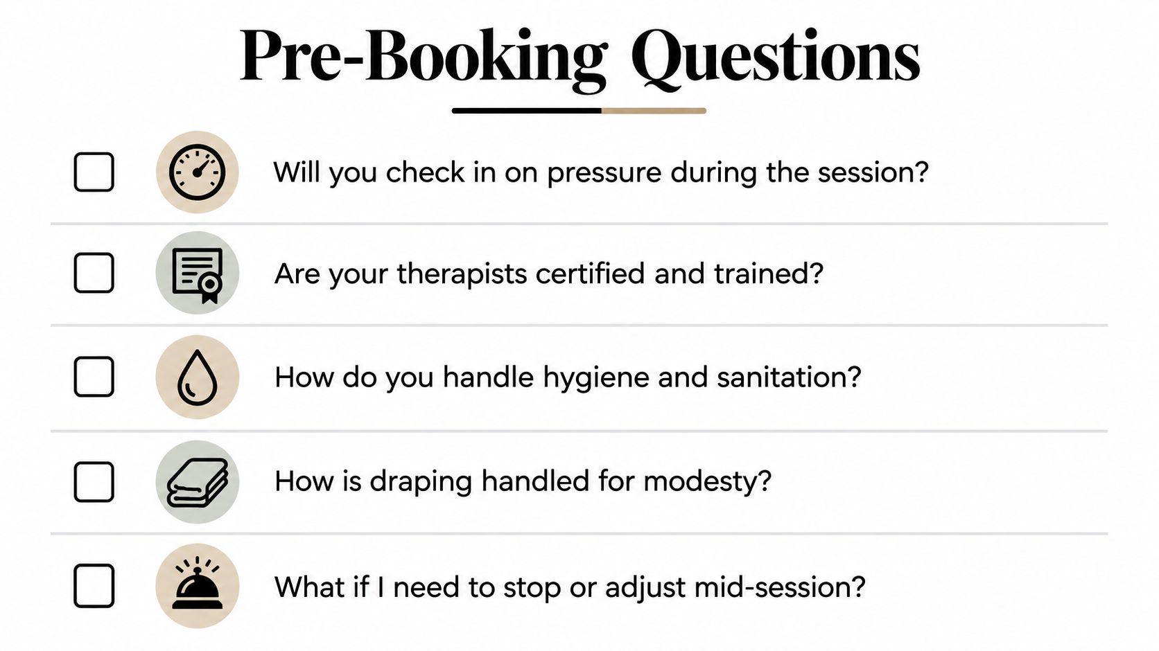 A checklist titled Pre-Booking Questions for massage therapy clients, featuring icons for important topics to consider.
