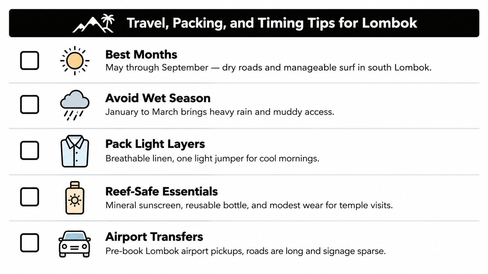 A checklist graphic containing travel, packing, and timing tips for tourists planning a trip to Lombok, Indonesia.