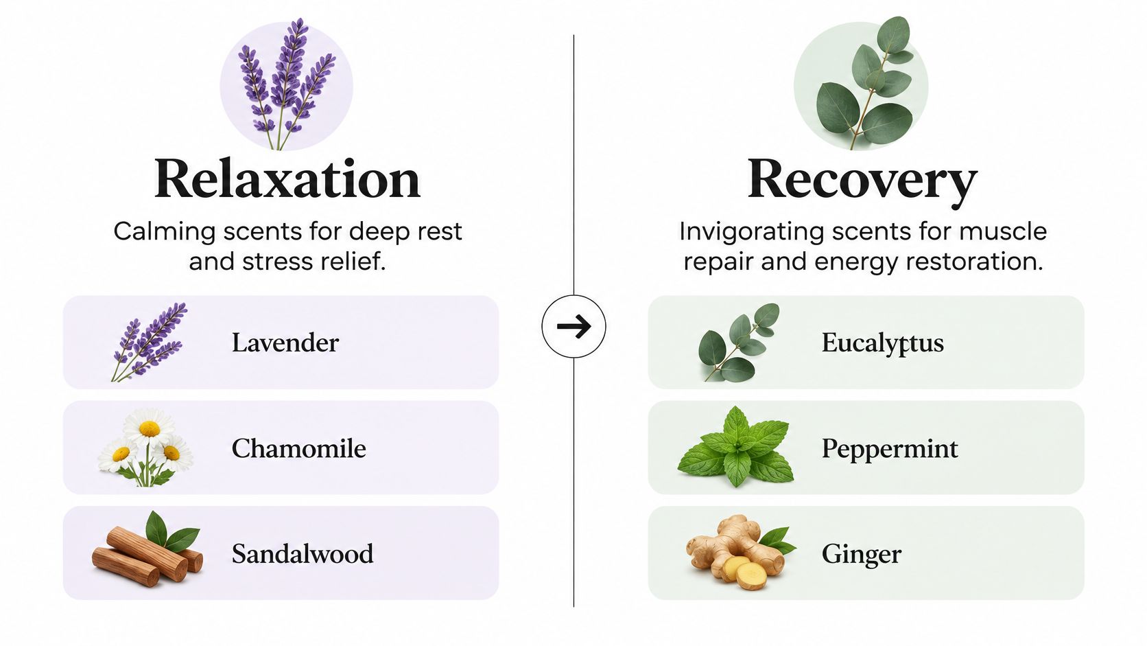 A comparison chart showing aromatherapy scents for relaxation like lavender and recovery like eucalyptus for massage.