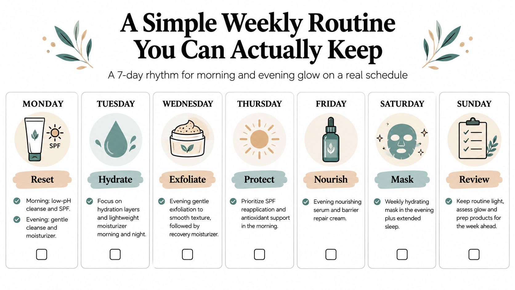 A weekly skincare routine guide with daily tips for a healthy, glowing face and skin maintenance.