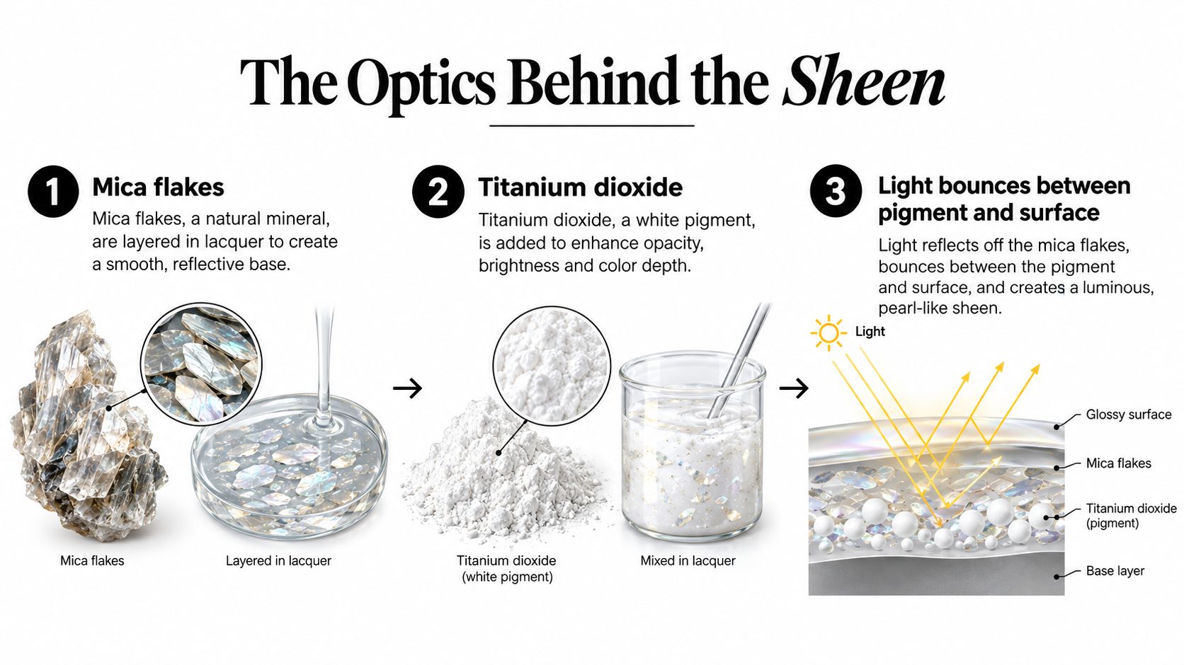 An infographic showing the three steps to creating a pearl finish in nail polish using mica flakes.