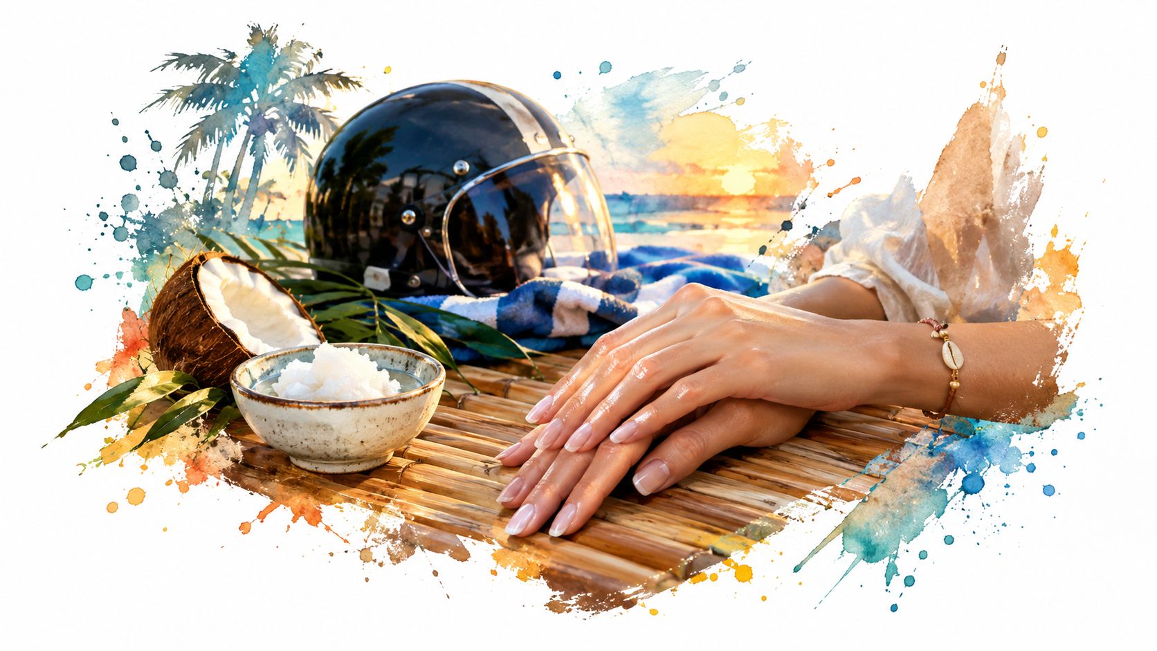 A woman with manicured nails rests her hands beside a coconut and helmet on a bamboo table.
