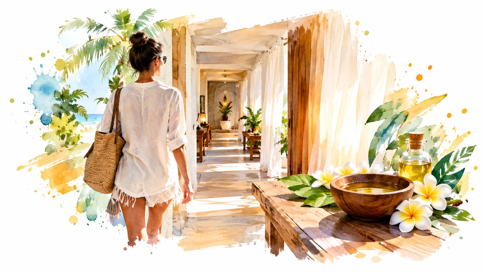 A woman carrying a tote bag walks towards a tropical spa with frangipani flowers and massage oil.