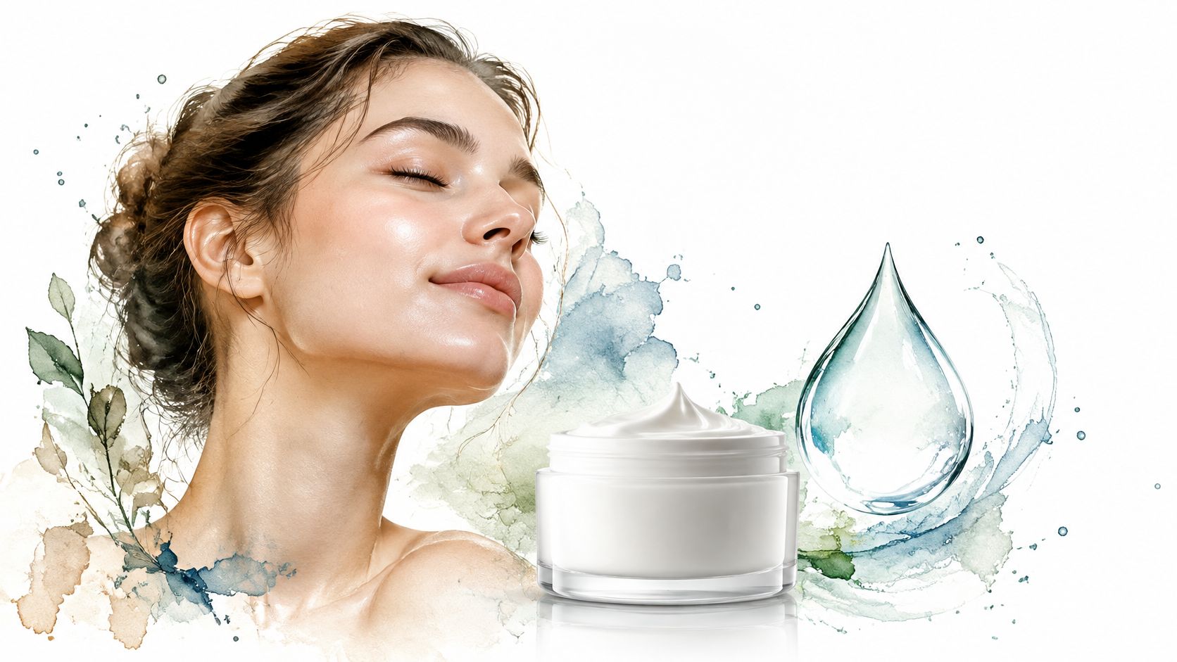 A young woman with glowing skin poses next to a jar of moisturizer and a water drop illustration.