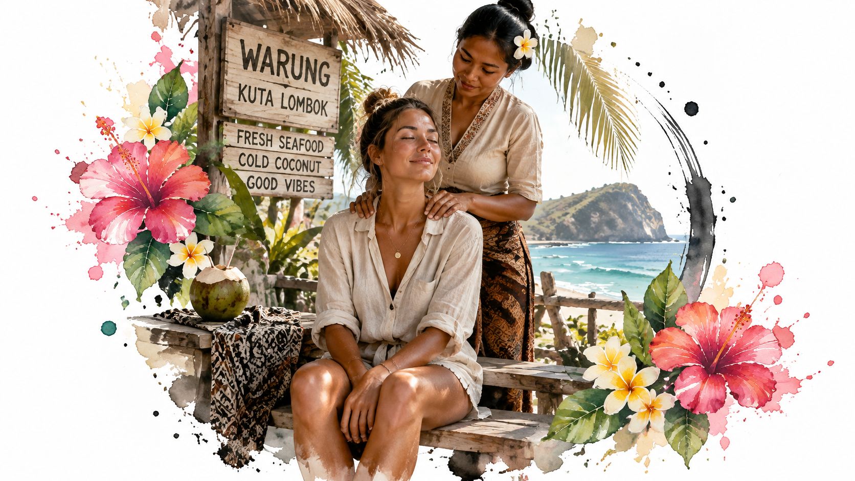A woman receiving a relaxing shoulder massage from a local therapist at a beautiful beach in Lombok.