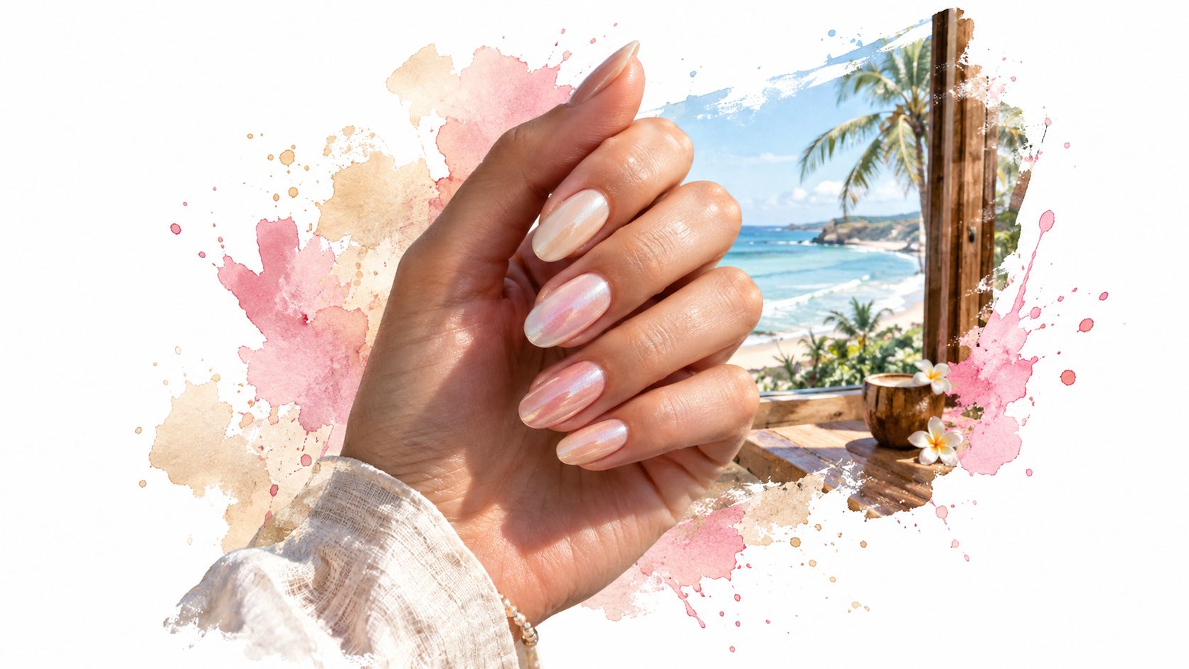 A hand with iridescent pearl finish nails displayed against a tropical beach window background with floral accents.