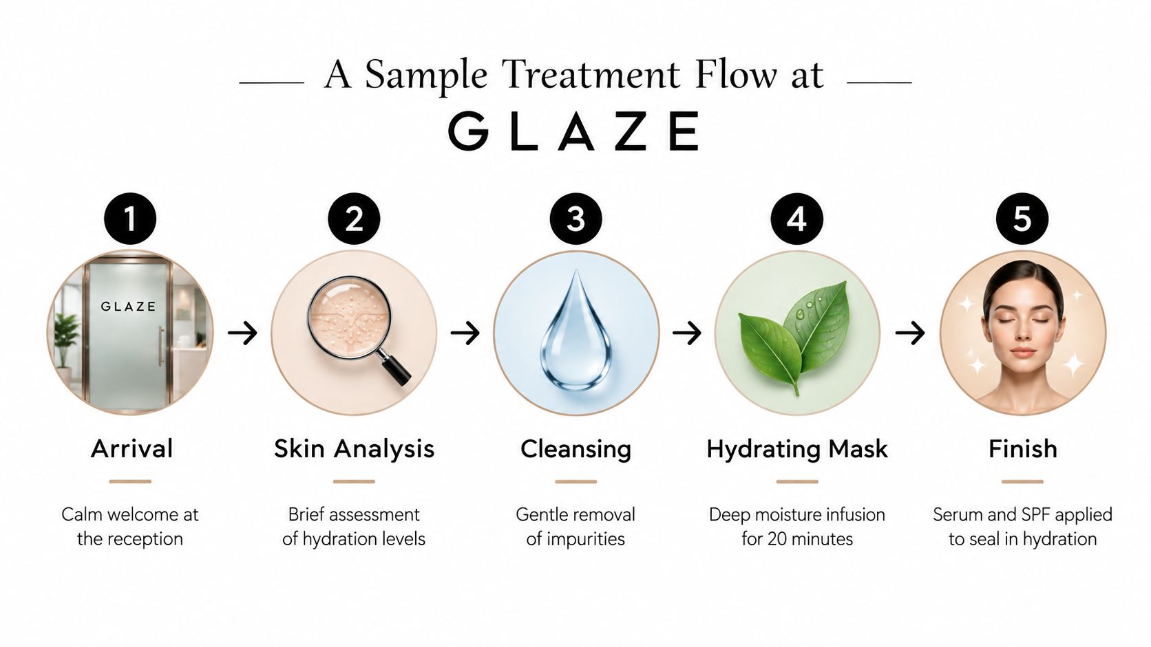 An infographic showing the five steps of a hydrating facial treatment at Glaze skin studio.