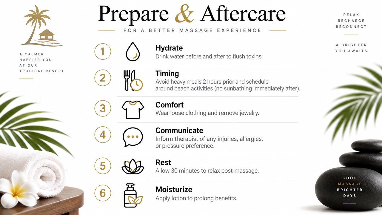 A guide illustrating six steps for preparation and aftercare to improve your massage experience at a resort.