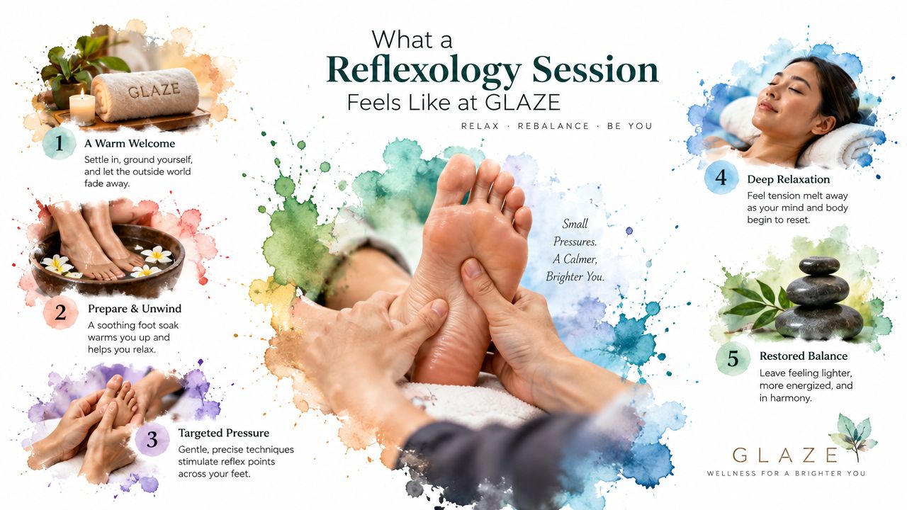 An infographic illustrating five steps of a reflexology session at Glaze, focusing on relaxation and foot massage techniques.