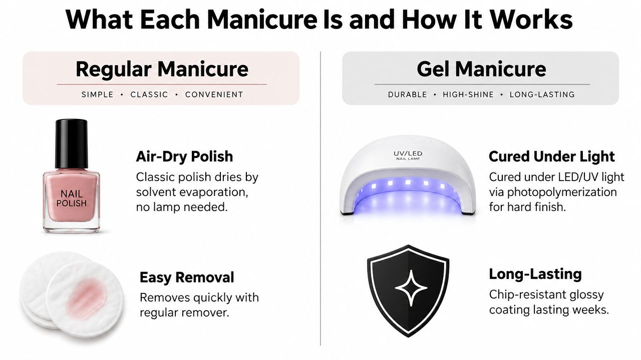 A comparison infographic showing the key differences between regular air-dry nail polish and durable UV-cured gel manicures.