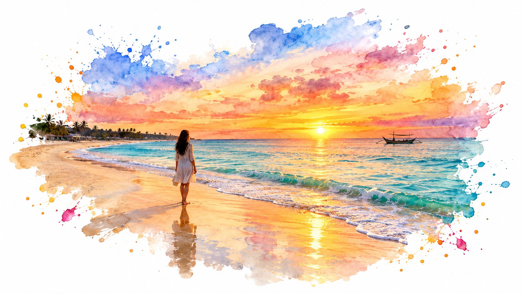 A woman in a white dress walking along a sandy beach during a vibrant, watercolor-style tropical sunset.