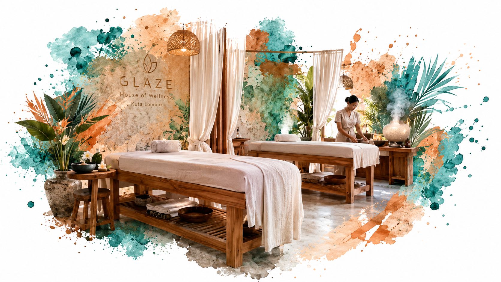 A serene Balinese spa room with massage tables, tropical plants, and a therapist preparing treatment in Kuta Lombok.
