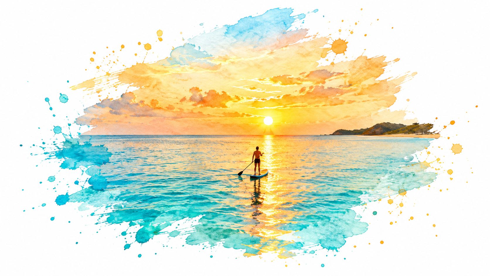 A person paddle boarding on turquoise water during a beautiful sunset in Lombok, Indonesia.